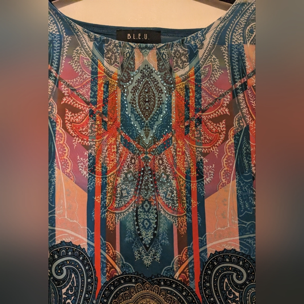 B.L.E.U. Teal Chiffon Scarf Handkerchief Overlay Paisley Print Tank Top sz L - Picture 3 of 11